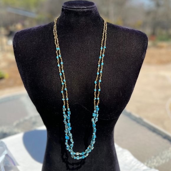 Shell & Bead Necklace Multi Strand Long Blue Layering Indonesia Ethnic Tribal - Picture 4 of 5